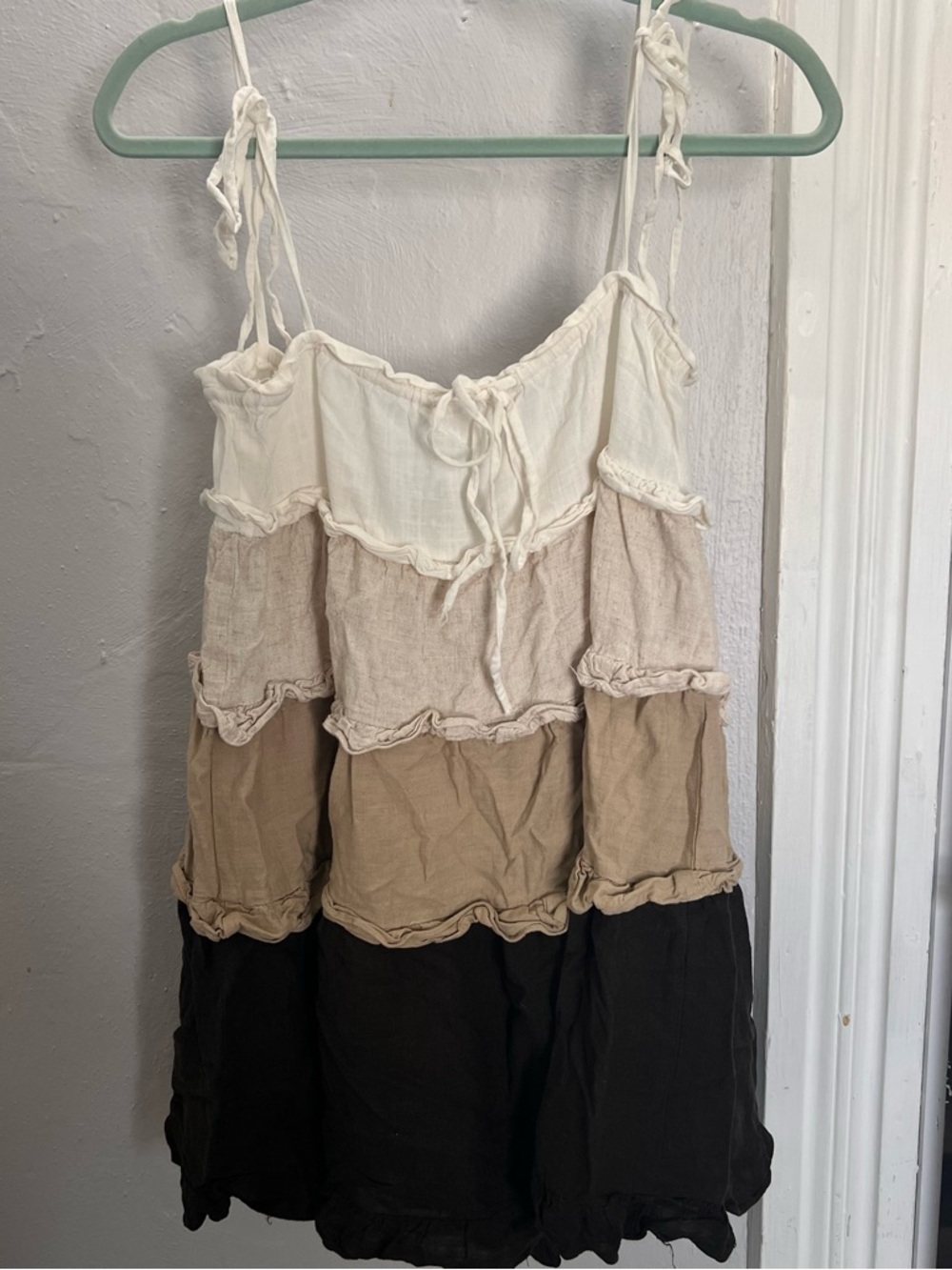 Tiered Spaghetti Strap Mini Dress in Cream, Tan & Black